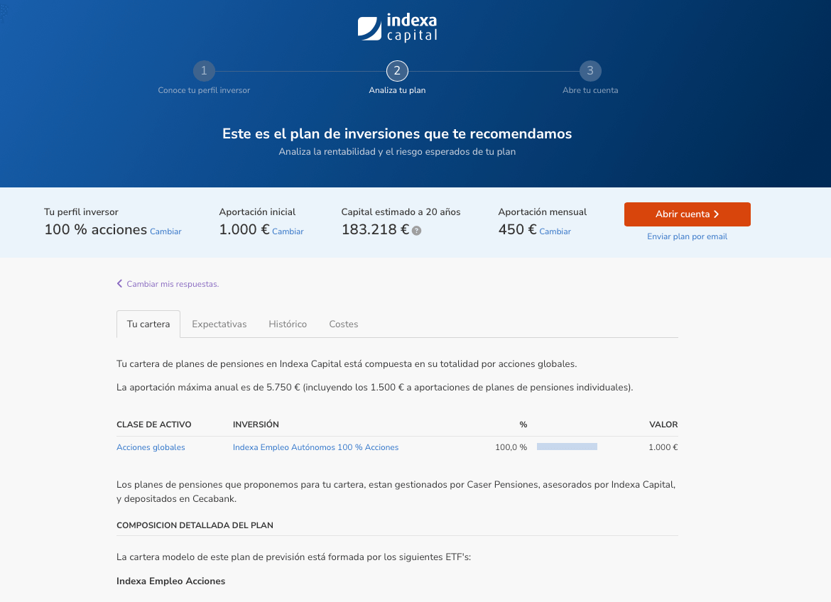 Plan de pensiones indexa Paso 3. Reslultado