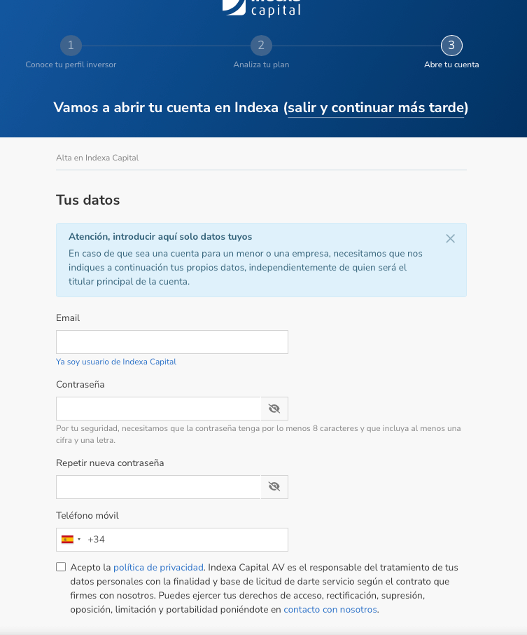 Plan de pensiones indexa Paso 4. Datos